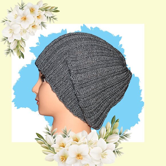 Hand Knit Heather Gray Slouch Beanie, Ribbed Acrylic Winter Hat - Picture 2 of 8